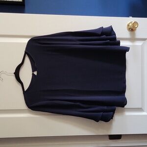 LOFT Outlet Navy Mixed Material Blouse w/ 3/4 Bell Sleeves, size S